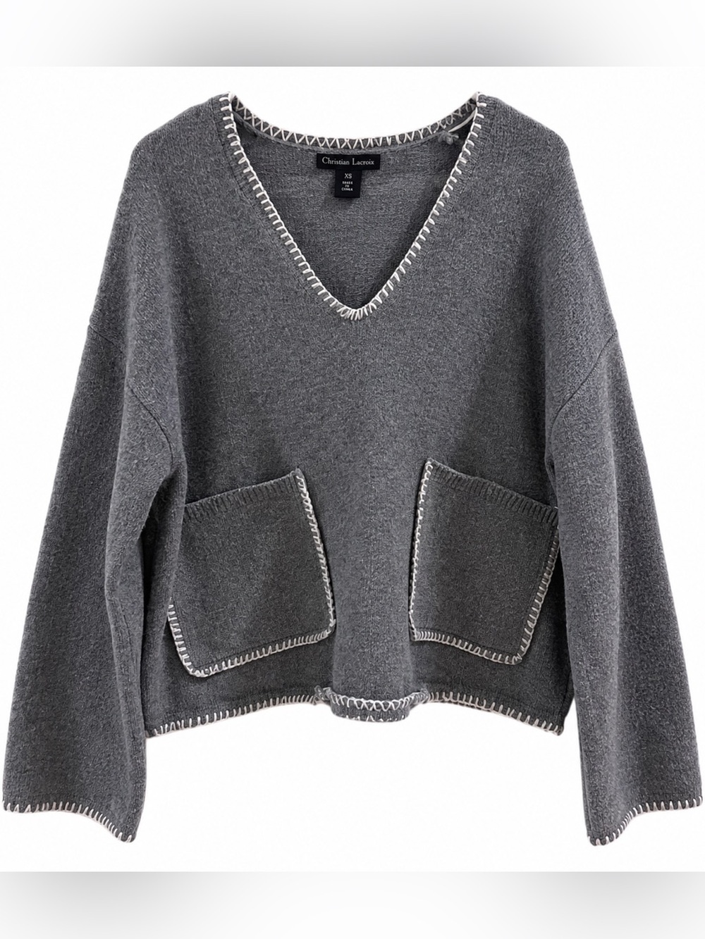 Christian Lacroix Gray V-Neck Pocket Knit Sweater with Contrast Stitch